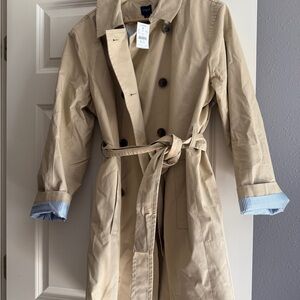 NWT J.Crew Factory Tan Trench Coat with Blue and white stripe Lining
